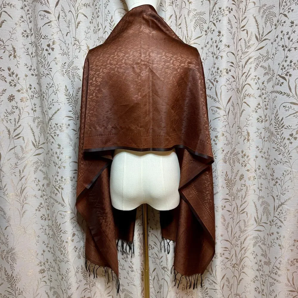 Silk Paisley Pashmina Shawl Wrap OS Brown Fringe Vintage Fall Boho Cottagecore
